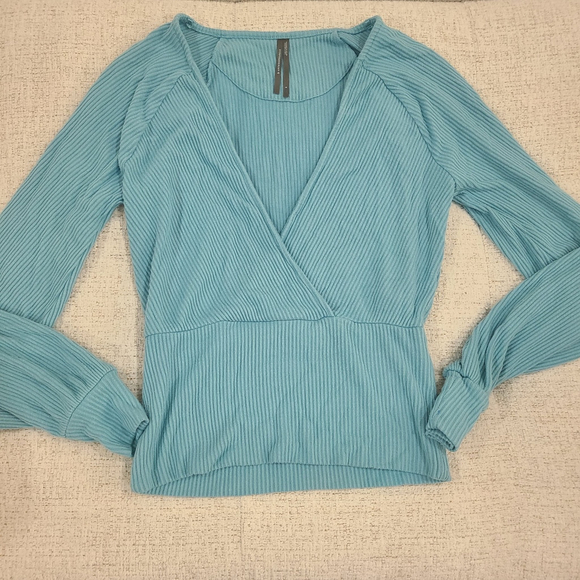 Anthropologie Womens Blue Ribbed Deep V Neck Wrap Sweater Top Long Sleeve Sz Sm - Picture 1 of 7